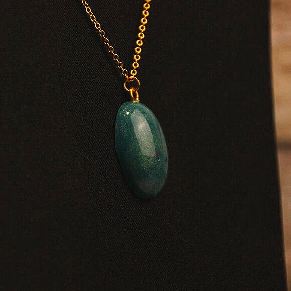 Hand Crafred Epoxy Oval Forest Green W Gold Sparkles Gold Chain